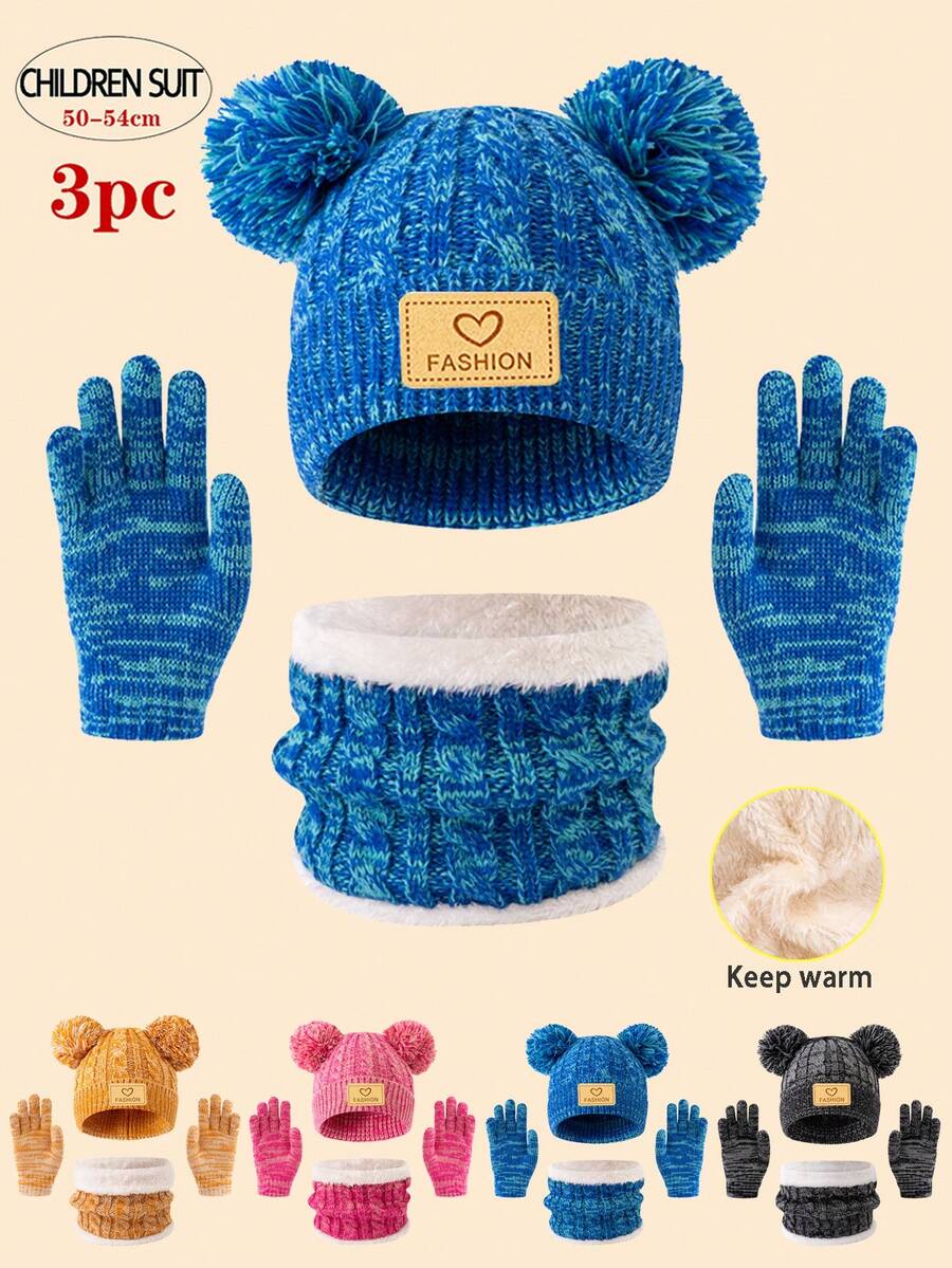 3pcs Kids Knitted Hat/Scarf/Gloves Set, 4 Colors Available, Thick & Warm Winter Outfit, Minimalist & Cute Fashion, Suitable For 3-12 Years Old Children Outdoor Hiking/Skiing And Daily Winter Wear