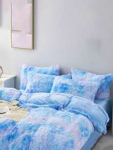 Bộ chăn ga gối đệm bằng vải lông chồn giả nhuộm loang mềm mại và ấm áp 1 món (1 chăn ga gối đệm + 2 vỏ gối), thích hợp cho phòng ngủ và phòng khách, có thể giặt bằng máy - Màu xanh lam - Xem 9