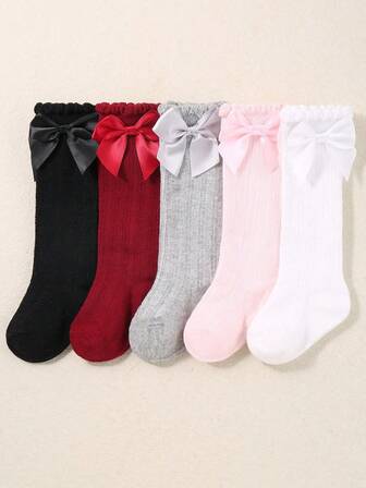 5双装女婴长筒袜，带蝴蝶结装饰 | 可爱公主风 | 四季皆宜 | 婴儿袜 | 新生儿袜 | 幼儿袜 | 圣诞节礼物