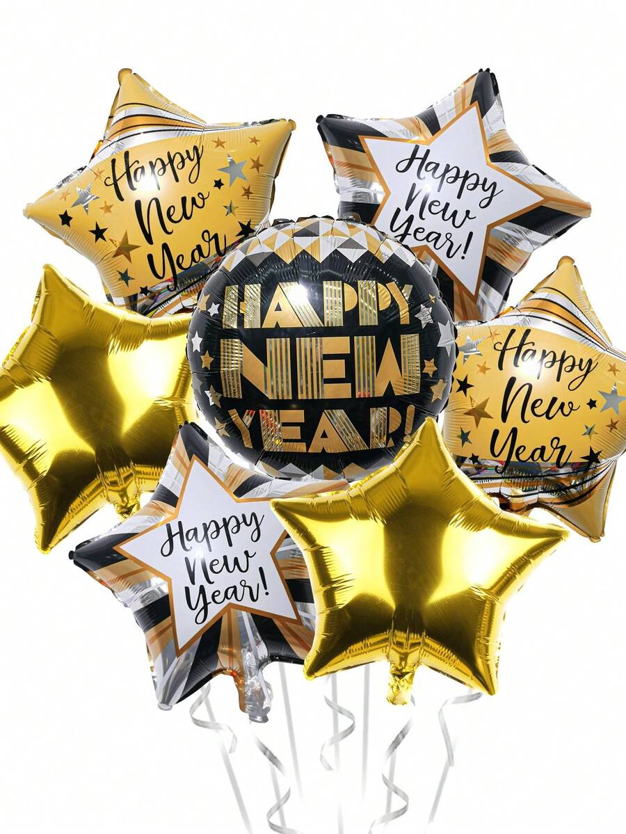 kumozawa 7pcs/Set New Year Decorative Foil Balloons, Black & Gold Star & Round Balloons With "Happy New Year" Print, Suitable For New Year Party Decoration, 2026 New Year Gala Decoration Balloons - Multicolor - View 1