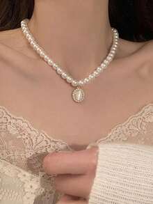 1 件简约设计优雅仿珍珠水钻猫眼珠链项链，百搭，适合女性日常佩戴、正式活动、送给女朋友、好朋友、生日的礼物 - 白 - 查看 3