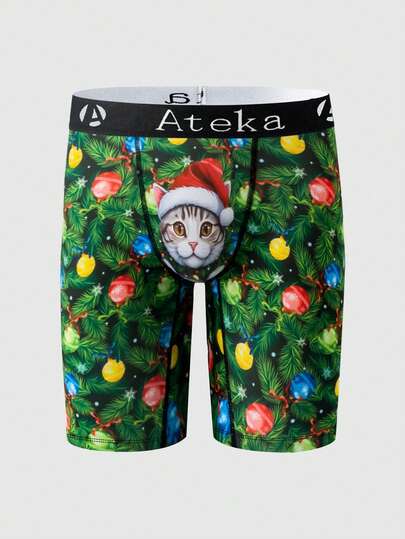 1 pièce Caleçon long pour homme, imprimé numérique du chapeau de Père Noël vert - Imprimé de dessin animé thème Noël, taille élastique jacquard, design de jambe longue, port quotidien confortable, imprimé amusant, tissu tricoté de qualité, décontracté et confortable