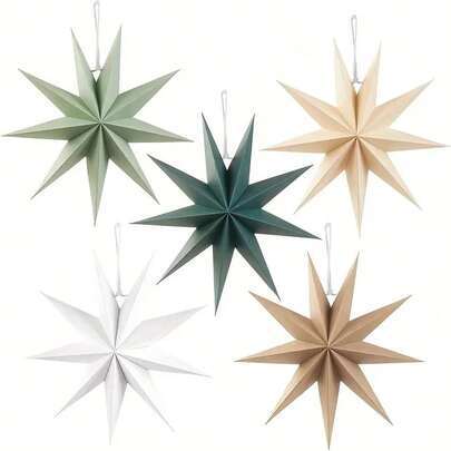 5pcs Christmas Star Decorations - Delicate Hanging Ornaments, Green, Gold, Beige, Teal, White, Brown - Lightweight Paper Stars, Suitable For Indoor/Outdoor Tree, Window, Party Decor - No Power Needed - Easy To Hang With Hooks - Classic Christmas Tree Decor, Christmas Tree Ornaments And Accessories, Holiday Home Decor, Minimalist Star Shape, Paper Craft Christmas Decorations Room Decor Winter Christmas Decorations Home Christmas Gifts Christmas Decor