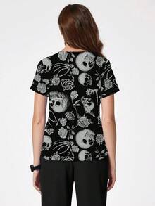 cimmuovere Women's Scrubs V-Neck Short Sleeve Skull Print Scrubs Nurse Scrubs Workwear Dentist Healthcare Pet Hospital Laboratory Top, Halloween Clothes Black Spring - Black - View 4