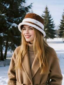 1pc Women's Autumn/Winter Plush Patchwork Bucket Hat, Warm Thermal Lined, Windproof, Ear Protection, Suitable For Daily Wear Winter Warm