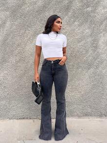 Women's Jeans Flare Pants Fabric With Lycra - 燧石 - 查看 2