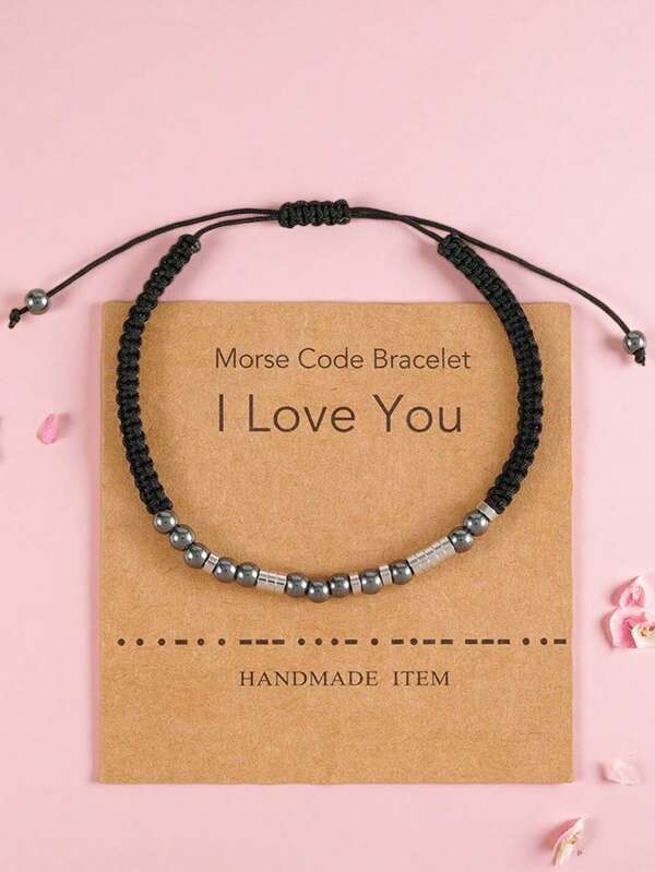 Vintage "Ich liebe dich" Morsecode geflochten Armband Set Paar passend verstellbar handgefertigt gewebtes Handseil schwarzer Gallensteinkugel Edelstahl Armband mit Karte für Frauen Männer Freund, Freundin, BBF, Geburtstag und Valentinstag Abschluss Dekoration Freundschaftsgeschenke für den täglichen Gebrauch