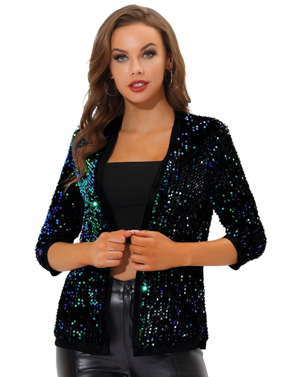 Women's Sequin Cardigan Christmas 3/4 Sleeve Open Front Party Velvet Sequin Jackets - 綠色 - 查看 1