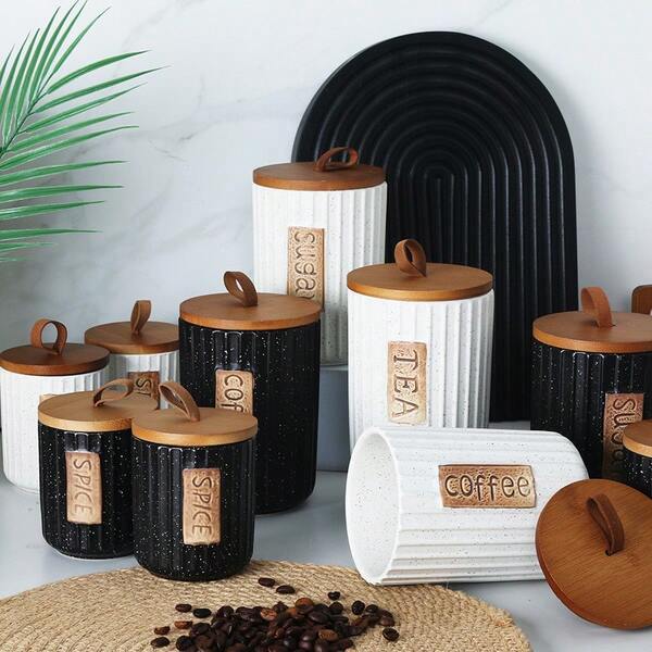 1 Pc Household Ceramic Jar Set With Flip Lid, Reusable Vintage Light Luxury Style Kitchen Jar For Tea, Sugar, Coffee, Spices - No Electricity Required, Multipurpose Round Food Storage Container