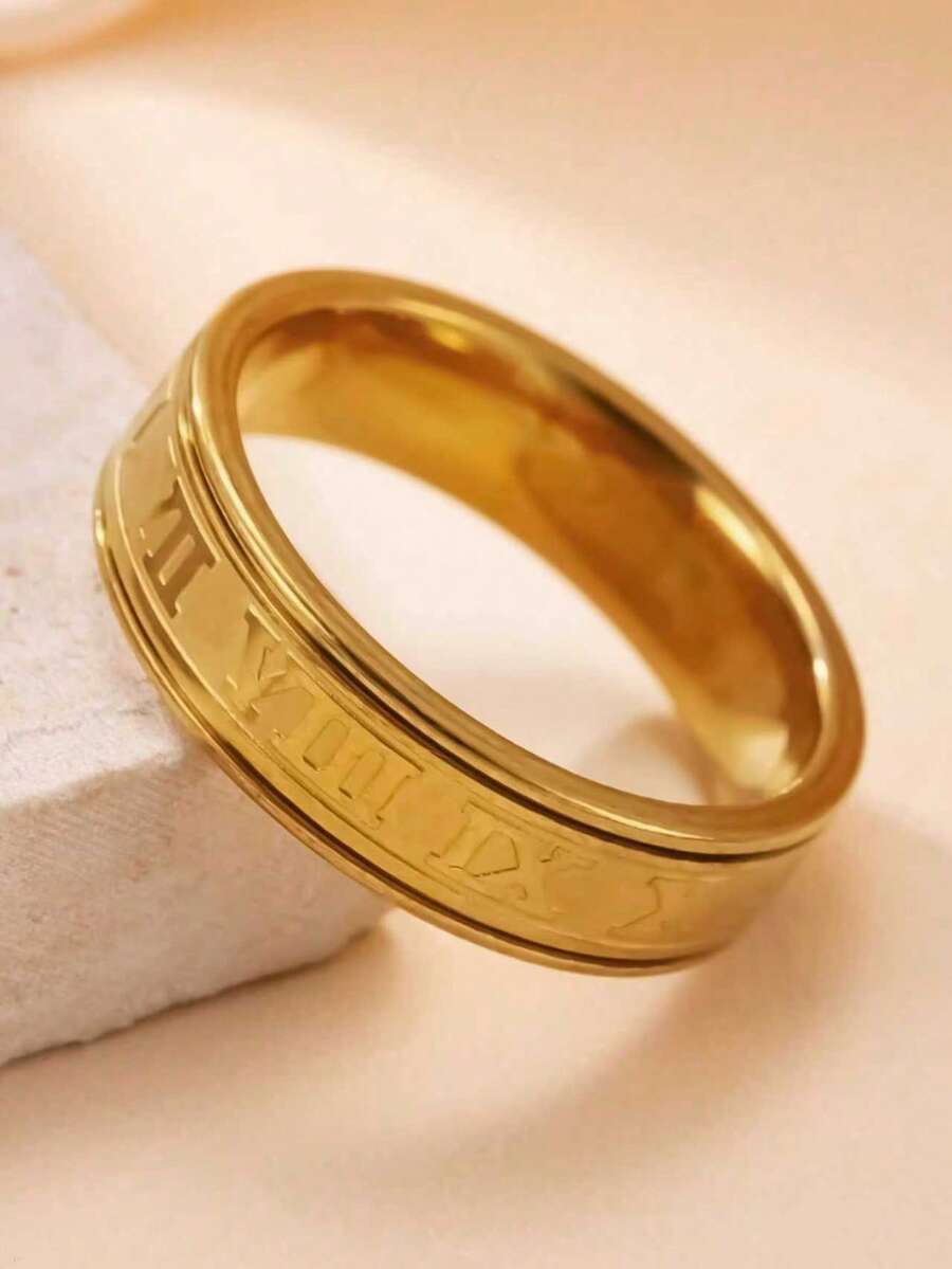 1pc Punk Style Men's Simple Stainless Steel Roman Numeral Band Ring, Suitable For Daily Match, Party, And Valentine's Day Gift - Yellow Gold - View 1