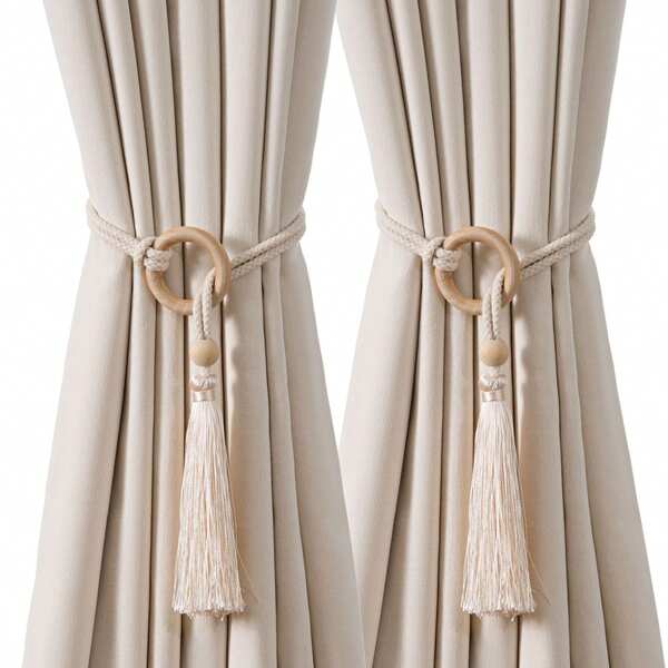 1pc/2pcs/4pcs Rope-Style Natural Wooden Bead Tassel Curtain Tiebacks, Suitable For Curtain Securing And Decoration, Also Applicable For Christmas And Halloween Decorations,Room Decor