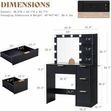 36.2" Fluted Vanity Desk With Mirror And Adjustable LED Lights, Large Makeup Vanity With 4 Drawers, Glass Top And Charging Station For Bedroom Or Dorm, Women And Girls, Black - 查看 3