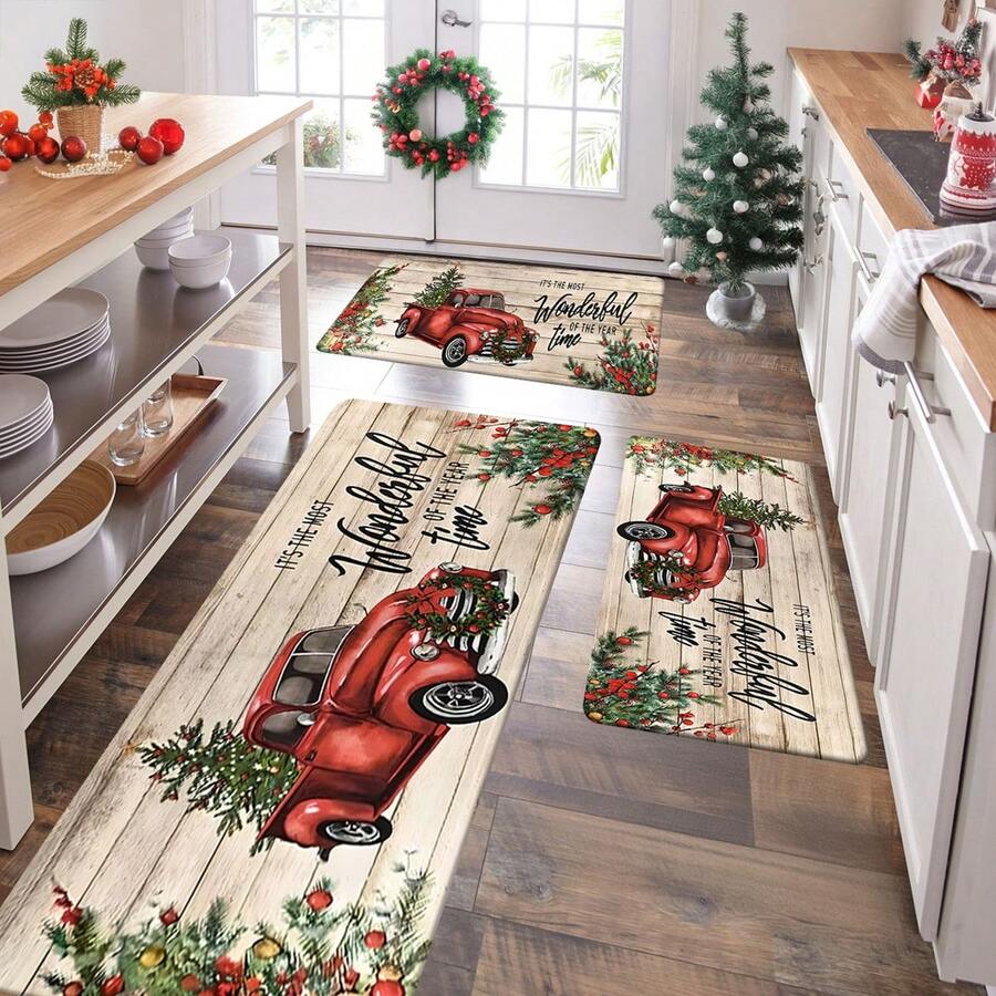 1/2/3 Pcs Christmas Kitchen Mat, Rustic Wooden Christmas Car And Christmas Tree Pattern, "The Most Wonderful Time Of The Year" Holiday Decor, Polyester Crystal Velvet Anti-Fatigue Mat, Non-Slip, Washable, Suitable For Home, Bedroom, Living Room, Kitchen, Bathroom, Entryway And More.