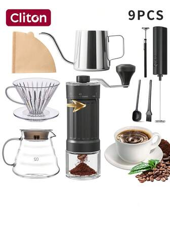 CLITON Manual Coffee Grinder Set With External Adjustment - Including Coffee Filters, Pour-Over Cone, Sharing Pot, Milk Frothing Cup, Thermometer, Coffee Spoon, And Cleaning Brush - A Full Kit That Lets You Brew Your Favorite Coffee With Precision And Attention To Detail