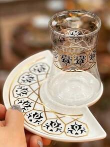 奢华咖啡杯套装 - 镀金郁金香玻璃杯和陶瓷碟，黑色茶杯，浪漫下午茶套装，适合茶会、礼品、乔迁之喜、婚礼，2 件套 - 彩色 - 查看 1