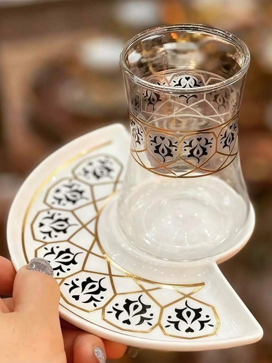 奢华咖啡杯套装 - 镀金郁金香玻璃杯和陶瓷碟，黑色茶杯，浪漫下午茶套装，适合茶会、礼品、乔迁之喜、婚礼，2 件套 - 彩色 - 查看 1