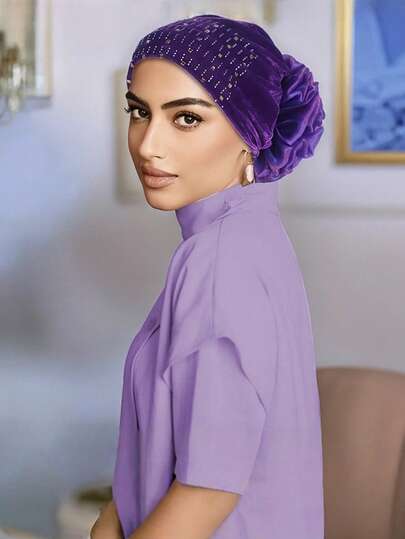 1件简约纯色天鹅绒水钻装饰头巾帽，女士护发睡眠帽