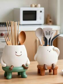 1个可爱卡通人物厨房用具架，多功能木制餐具收纳架，带沥水设计，可爱的台面收纳方案，可放置筷子、勺子、叉子，时尚的厨房装饰配件，非常适合早餐角、家庭厨房和咖啡馆，节省空间的餐具架，送给厨房爱好者的礼物 - 彩色 - 查看 12