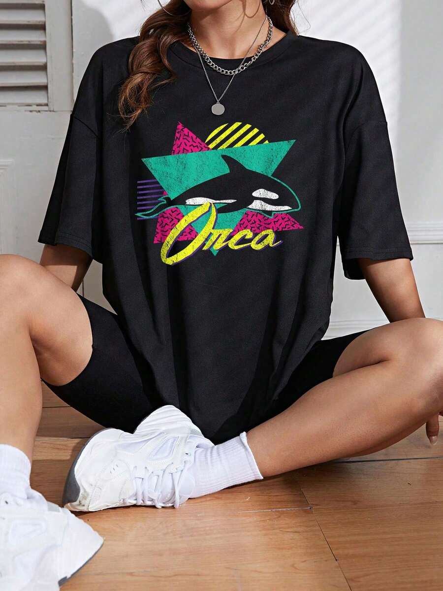 Graphic Tees Women 100%Cotton Women Clothing Fall Women Clothes Round Neck T Shirt Summer Outfits For Women Tops For Women Black T Shirt Vintage Retro 80s Or 90s Orca Killer Whale T-Shirt - màu đen - Xem 1