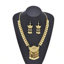 1 Set Middle Eastern Style Bridal Necklace & Earrings Set, Gold Hollow Coin Tassel Wedding Jewelry Accessories