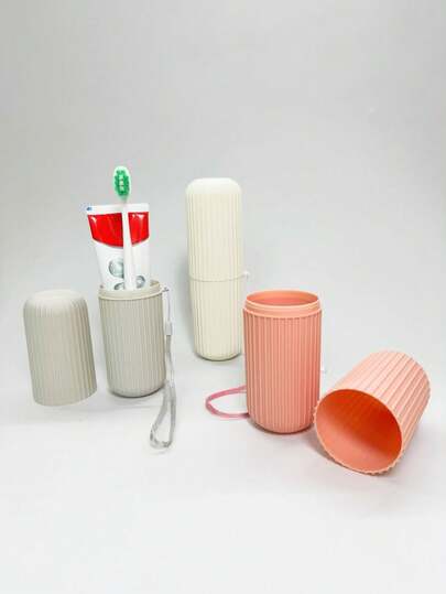 1pc Portable Travel Gargle Cup With Integrated Toothbrush And Toothpaste Organizer, All-In-One Hygiene Kit For Beach Trips, Camping Outings, Holidays, Back-To-School Stays, Lightweight Travel Essential, Quick Rinse Cup, Plastic Travel Case, Space-Saving Bathroom Accessory For Home And On-The-Go