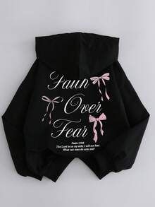 少女标语卡通蝴蝶结印花卫衣，休闲长袖纯色上衣，春秋季可爱宽松套头衫，带口袋，女童连帽卫衣，休闲时尚，适合日常穿着、毕业典礼、返校节、毕业典礼、教师节、返校季等场合。 - 黑色 - 查看 2