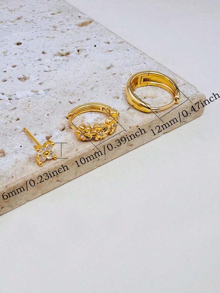 مجموعة 3 قطع من أقراط الزهور الصغيرة المرصعة بالزركون والأقراط الدائرية البيضاوية، قابلة للتراكم، للنساء؛ مجموعة أقراط زهور مرصعة بالزركونيا الشفافة مطلية بالذهب عيار 14 قيراط، مناسبة للغضروف والحلقة والثقب الأمامي، هدية للنساء والفتيات - مجموعة واحدة من 3 قطع - مشاهدة 3