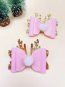 2pcs Christmas Deer Antler Bow Pom Pom Hair Clips, Children Christmas Holiday Costume Hair Accessories, Glitter Duck Clip, Suitable For Daily Outfit And Gift Matching
