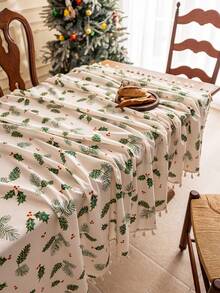 1pc Merry Christmas Rectangular Tablecloth, Green Pine Leaf & Pine Cone Print Pattern, Bamboo Texture, Washable, Suitable For Dining Table, Coffee Table, Nightstand, Cabinet Cover, Home Kitchen, Party, Christmas Decor, Holiday Gift, New Year Decoration - Green - View 15