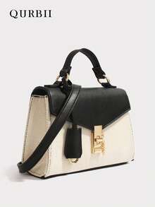 1pc Large Capacity Commuter Chic Tote Bag, Faux Leather & Fabric Patchwork Flap Lock Handbag, Elegant Shoulder Bag With Detachable Strap, Suitable For Daily Commute, Shopping, Dating, Holiday Gifts For Mom