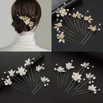 6pcs/Set Women's Hair Accessories Combo, Shiny Handmade White Pearl Hair Clips, Vintage Zinc Alloy Leaf & Flower Hair Pins, Bridal Wedding Dress Decorations