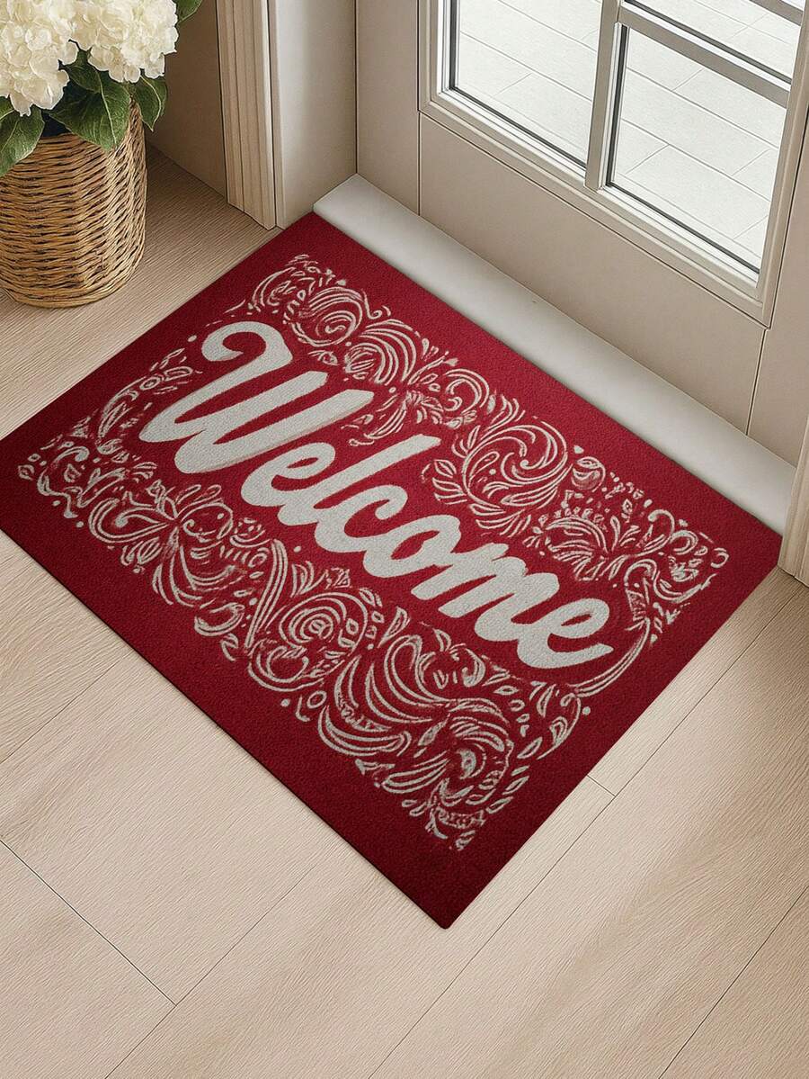 1PC Entrance Welcome Doormat With White Welcome Lettering And Intricate Floral Scroll Patterns Floor Mat Non Slip Rubber Backing Indoor Outdoor Rug For Bathroom Home Office Entryway Decorative Door Mat