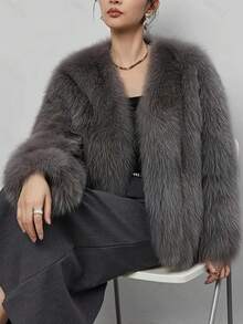女式优雅人造毛皮衬里长袖夹克外套，纯色柔软羊毛人造毛皮拼接，学院风，秋冬 - 灰 - 查看 1