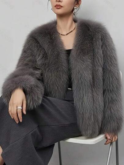 女式优雅人造毛皮衬里长袖夹克外套，纯色柔软羊毛人造毛皮拼接，学院风，秋冬