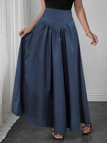Elegant Women's A-Line Skirt, Suitable For Dates, Student Wear, Daily Travel, Versatile, Casual, Beach And Other Occasions. Elegant And Casual Women's A-Line Skirt, Solid Color, Waist-Shaping, Pleated Design, Woven Fabric, Available In Multiple Colors, Suitable For Outings And Can Also Be Worn As Loungewear. - Navy Blue - View 5