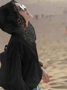 法式镂空钩针连帽长袖衬衫，宽松街头风格时尚优雅薄款女士衬衫，秋冬