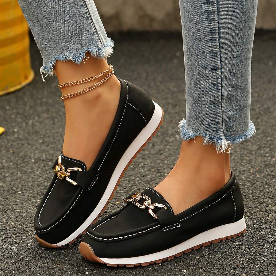 Casual Comfortable Women Loafers Lightweight Slip On Low Top Round Toe Fashion Chain Decorated Shoes - 黑色 - 查看 1