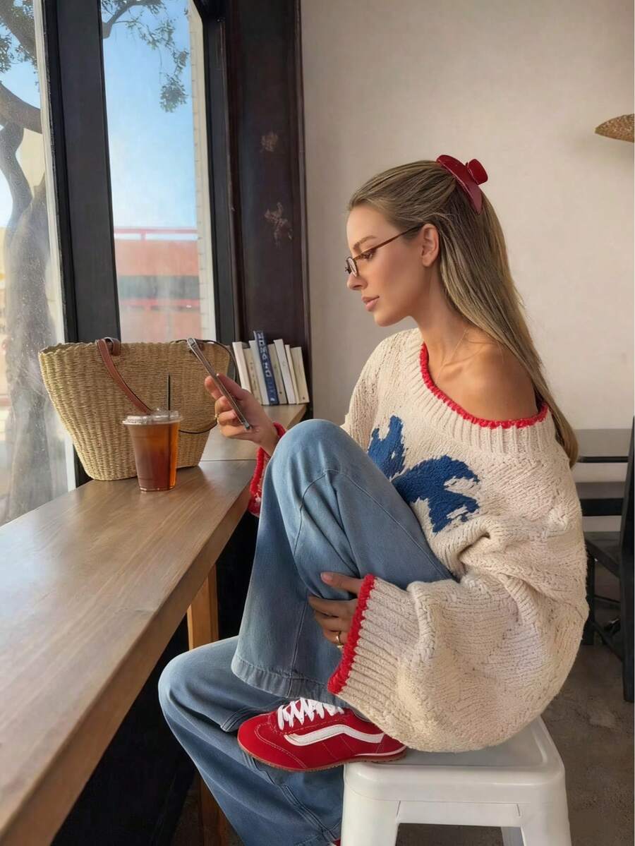 2025 Herbst/Winter Neue Mode Retro Farbblock Jacquard Design Oversized Loose Strick Grafik Pullover Damen, Tierprint Basic Tops, Ausgeh Tops, Herbst Damen Kleidung, Modest Damen, Party Damen, Y2K Damen, Tops für Ausgehen, Konzert Damen, Date Night Damen