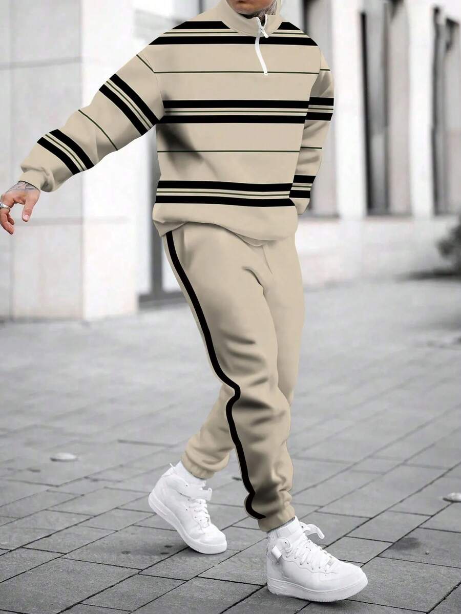 2025 New Men's Two-Piece Set, Featuring A  Striped Print Design With A Stand-Up Collar Long-Sleeve Top Paired With Matching Casual Sports Pants; Regular Fit And High-Quality Fabric Are Suitable For Outdoor Vacations And Leisure Sports Occasions; An Ideal Gift For Father's Day And Christmas.