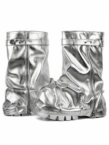 Women's Fold Over Slouchy Shark Boots Pleated Chunky Heel Mid Calf Versatile Platform Pull On Boots Silver Black Winter Fall Boots - Bạc - Xem 2