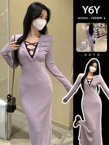[Y6Y] 女士优雅紫色针织修身开衩长裙，V领长袖，修身设计 - 紫色 - 查看 11