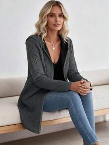 Sporty Elegance, Women's Striped Hooded Jacket - Casual Sport Style, Polyester, Machine Washable - Perfect For Fall And Winter - Màu xám đen - Xem 3