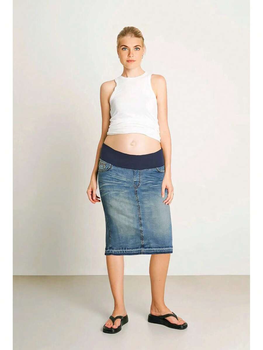 Maternity Knee-Length Denim Skirt With Stretch Waistband And Front Split Detail - 復古洗滌 - 查看 1