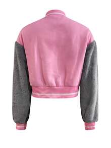 LovelyWholesale Giacca invernale da donna casual, con colletto da baseball, in stile teddy patchwork, a maniche lunghe, con bottoni a forma di lettera e righe