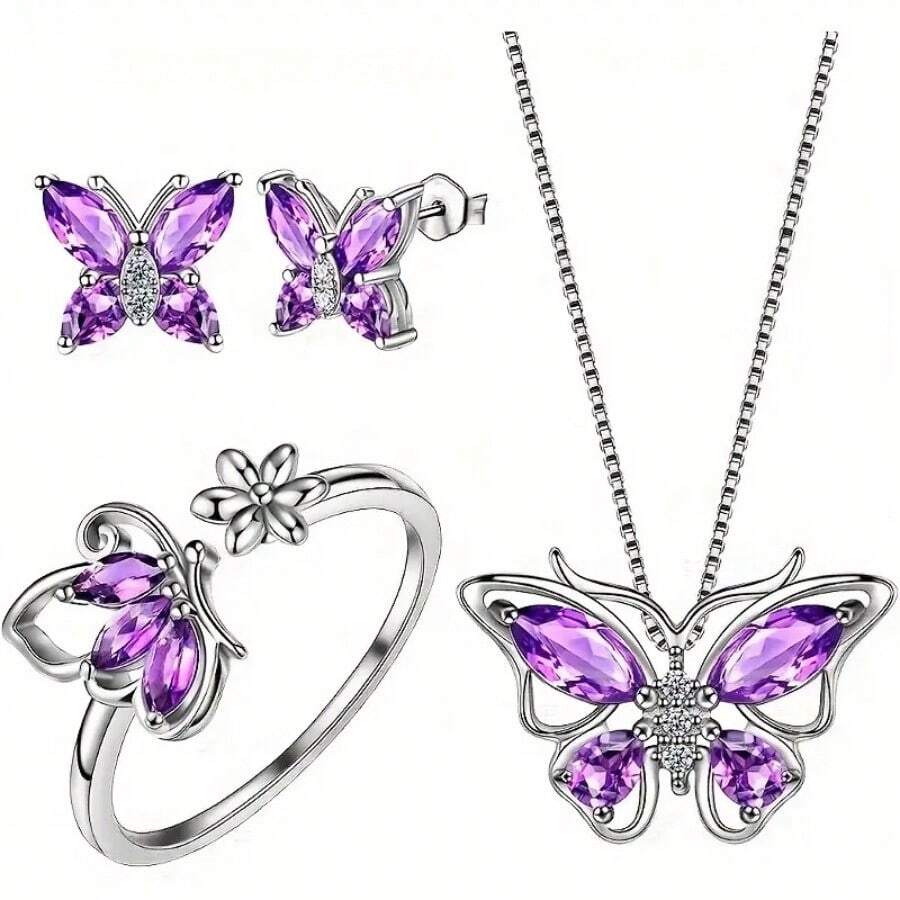 Butterfly Ring, Stud Earrings, Necklace, Bracelet Women's Jewelry Set, Suitable For Daily, Wedding, Party Wear, Suitable For Wives, Daughters, Good Friends As Birthday Gifts, Holiday Gifts - 紫色項鍊 - 查看 1
