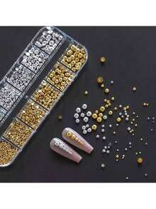 12-Piece Set Of Gold And Silver Half-Round Nail Art Accessories, Mixed Assembly 3D Nail Diamonds(Suitable For Halloween, Thanksgiving, Christmas, And Festive Party Nail Decorations) - 6格金色6格銀色 - 查看 5
