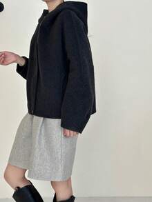 Black Wool Blend Bomber Jacket For Women Regular Length Long Sleeve With Zipper And Fuzzy Details - Carbon Black - View 5