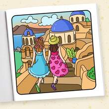 1 Stück (21cm*21cm) Neues Malbuch für Erwachsene, dickeres Papier ist deckend, mit klaren Linien und einfach zum Ausmalen, geeignet für Treffen mit besten Freunden, Musterszene von zwei Mädchen-Besten-Freundinnen, die um die Welt reisen "BETIES VACAY" Malbuch zum Selbstausmalen, um das Denken zu entwickeln, Herbst, Schreibwaren, Schulmaterial, Zeichnen & Malen, Weihnachten