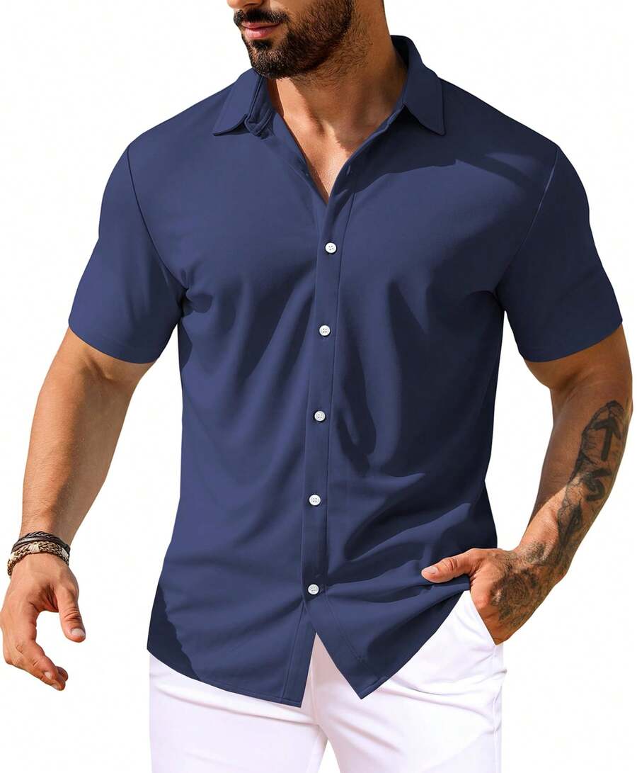 URRU Men's Muscle Dress Shirts Collared Stretch Short Sleeve Casual Button Down Shirts For Men - 深藍色 - 查看 1