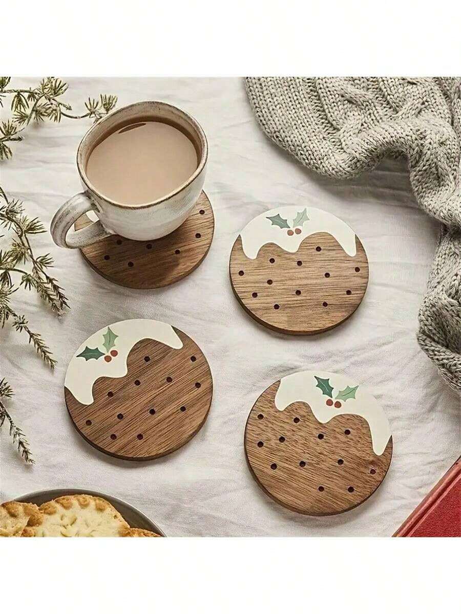 1 pieza/3 piezas/6 piezas Posavasos de madera con diseño de pudín de Navidad, posavasos de madera para decoración del hogar, oficina, cafetería, salón de té, decoración de mesa, decoración de restaurante, regalo